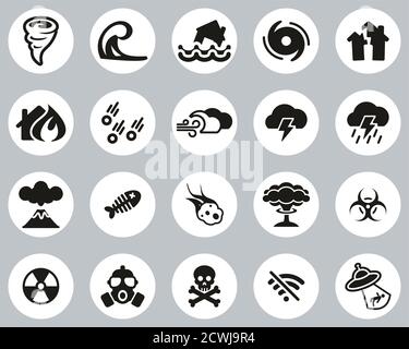 Armageddon o Disaster Icons cerchio di disegno piatto bianco e nero Imposta grande Illustrazione Vettoriale