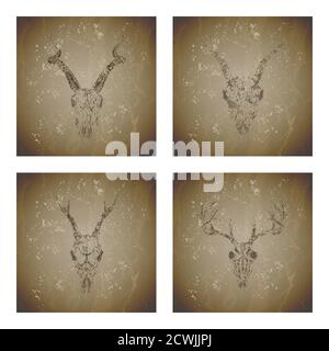 Serie vettoriale di quattro illustrazioni con sagome grunge teschi caprioli, antilopi, stag e capra su sfondo vintage. Schizzo in colore seppia. Per te de Illustrazione Vettoriale