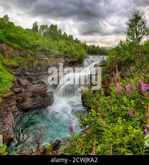 Cascata Gaustafallet vicino a Vildmarksvägen in Svezia del Nord Foto Stock