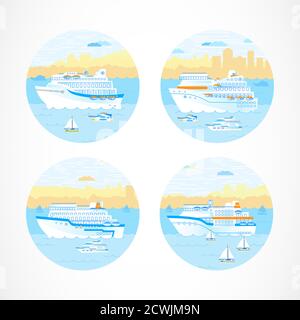 Insieme vettoriale di icone rotonde con navi: сruise, yacht e barche a vela. Colorato. Vedere altri set di icone con le navi. Illustrazione Vettoriale