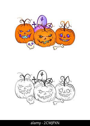 Illustrazione di Halloween con zucche sorridenti, cranio e tomba su uno sfondo bianco. Pagina di libro da colorare. Vettore. Illustrazione Vettoriale