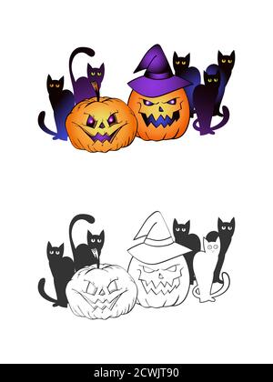 Illustrazione di Halloween con zucche sorridenti, gatti neri e cappello di strega su sfondo bianco. Due varianti: A colori e monocromatica. Pagina di libro da colorare Illustrazione Vettoriale