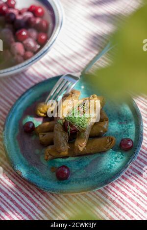 Un piatto di deliziose foglie d'uva ripiene Foto Stock