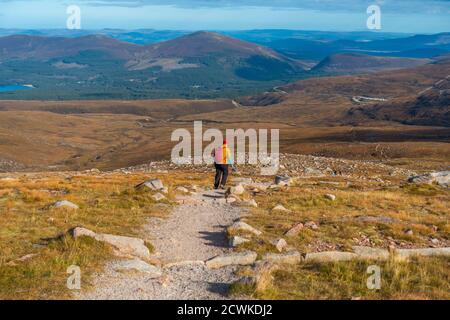 Un camminatore sul sentiero dal monte ben Macdui, la seconda vetta più alta del Regno Unito, dirigendosi verso il Cairngorm Ski Center ad Aviemore, Scozia, Regno Unito Foto Stock