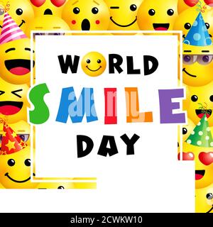 Banner World Smile Day, 2 ottobre. Icona Smile nel design del modello di testo colorato. Vettore emoticon sorridente su sfondo giallo. Icone emoji Joy in 3d Illustrazione Vettoriale