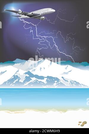 Pittoresco paesaggio artico con oceano e montagne con aereo passeggeri sorvolando le montagne, si contrappone a un drammatico cielo di tempesta di tuoni Foto Stock