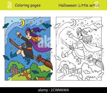 Pagine vettoriali da colorare con esempio colorato piccola strega che vola sulla scopa. Illustrazione di Halloween del cartone animato. Libro da colorare per bambini, scuola prescolare educati Illustrazione Vettoriale