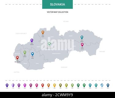 Mappa della Slovacchia con indicatori di posizione. Modello vettoriale infografico, isolato su sfondo bianco. Illustrazione Vettoriale