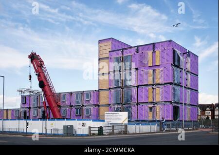 Nuovo alloggio per studenti per Hereford College of Arts (HCA) in costruzione, utilizzando prefabbricati modulari pod, Herefordshire, Regno Unito Foto Stock