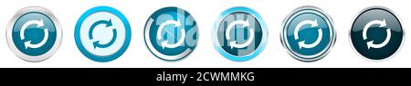 Ricaricare argento cromo metallico icone di frontiera in 6 opzioni, set di blu web pulsanti rotondi isolati su sfondo bianco Foto Stock