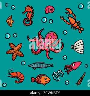 Vita marina in stile cartoon su sfondo blu. Aragosta, gamberi, lumache, cavolo di mare ecc. Illustrazione Vettoriale