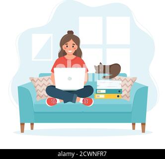 Concetto di ufficio domestico, donna che lavora da casa seduta su un divano, studente o freelancer. Illustrazione Vettoriale