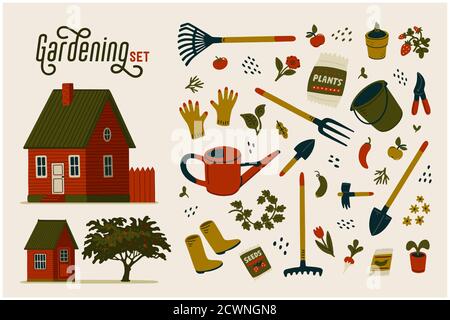 Set per giardinaggio. Casa fattoria rossa e diversi tipi di attrezzi per il giardinaggio e il paesaggio. Illustrazione Vettoriale