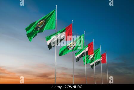 Sventolando le bandiere del Consiglio di cooperazione del Golfo degli Stati del Golfo Persico - Bahrein, Kuwait, Oman, Qatar, Arabia Saudita, e gli Emirati Arabi Uniti - Exep Foto Stock