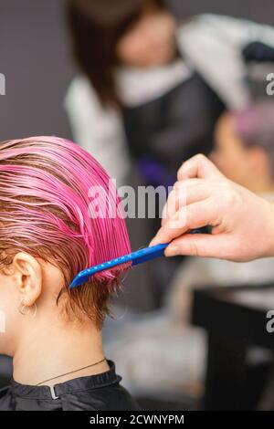 Giovane donna che riceve trattamento dei capelli dopo colorazione rosa a mano di parrucchiere maschile in parrucchiere Foto Stock