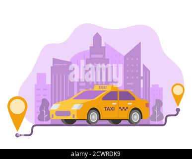 Ordine percorso taxi e posizione punti su una city.Yellow taxi auto e paesaggio urbano. Illustrazione Vettoriale