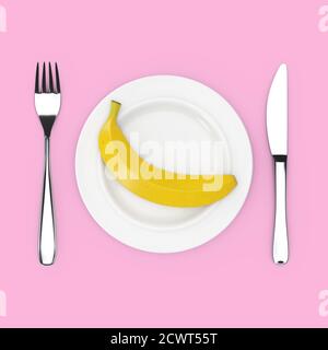 Forcella e coltello vicino alla piastra con Banana gialla matura singola, vista dall'alto su sfondo rosa. Rendering 3d Foto Stock
