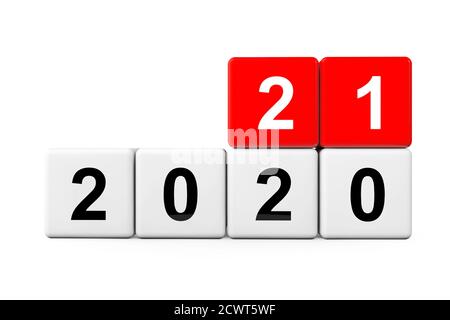 Blocchi con la transizione dall'anno 2020 al 2021 su sfondo bianco. Rendering 3d Foto Stock