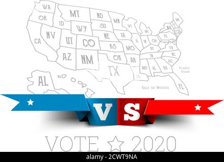 Elezioni presidenziali negli Stati Uniti. Donald Trump vs. Joe Biden con mappa dell'America. Illustrazione vettoriale Illustrazione Vettoriale