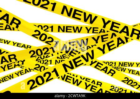 Attenzione strisce di nastro giallo con cartello di Capodanno 2021 su sfondo bianco. Rendering 3d Foto Stock