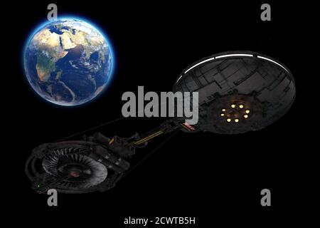 Astronave, Stazione spaziale o Alien UFO Spacecraft in volo orbitante Terra closeup estremo. Elementi di questa immagine forniti dalla NASA. Rendering 3d. Foto Stock