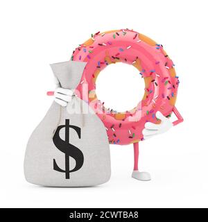 Big Strawberry Pink Glated Donut Mascot personaggio con legato rustico tela di lino sacco di denaro o Money Bag con Dollar Sign su uno sfondo bianco. ren. 3d Foto Stock