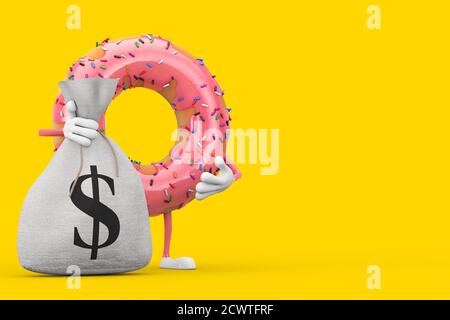 Big Strawberry Pink Glated Donut Mascot personaggio con legato rustico tela di lino sacco di denaro o Money Bag con Dollar Sign su uno sfondo giallo. Re. 3d Foto Stock