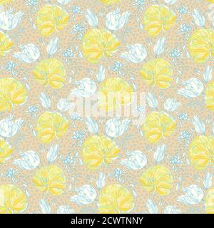 Tulipano retrò antico modello a mezza goccia. Bouquet floreale d'epoca, stile country, disegnato a mano. Linea di fiori su forma tagliata, sfondo rosa polveroso. Elegante sfondo naturale. Perfetto per arredi, tessuti e confezioni regalo. Illustrazione Vettoriale