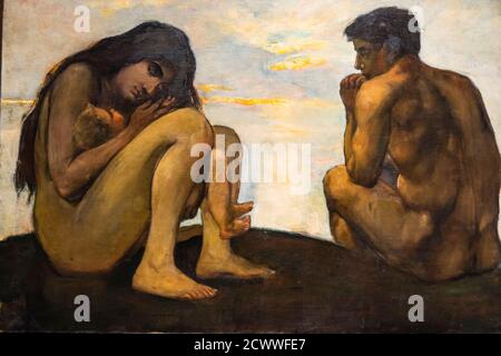 Adan y Eva con su primer hijo, Lesser Ury, 1896, oleo sobre lienzo, Museo Judío de Berlín,diseñado por el arquitecto polaco Daniel Libeskries , Berlino Foto Stock