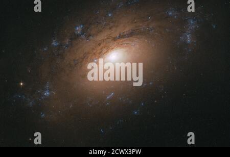 Il telescopio spaziale Hubble della NASA/ESA ha catturato un'immagine della galassia a spirale NGC 3169, scattata con un angolo acuto che ha rivelato uno spesso strato di polvere cosmica incastrato nelle sue braccia a spirale. Questa polvere include particelle come ghiaccio d'acqua, idrocarburi e silicati. Foto Stock