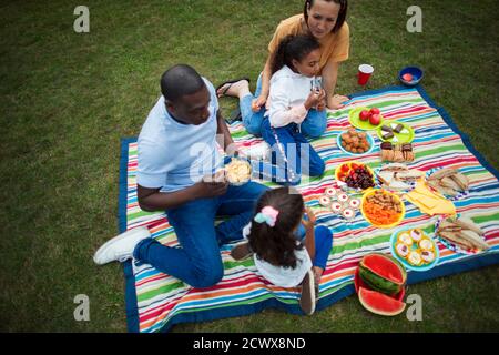 Famiglia che si gode pic-nic in coperta nel parco Foto Stock