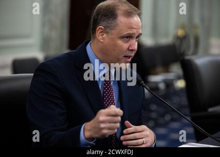 Jim Bridenstine, amministratore della NASA, testimonia a Capitol Hill davanti al Senato Commercio, e al Comitato dei Trasporti sulle missioni, i programmi e i piani futuri della NASA a Washington, DC mercoledì 30 settembre 2020. Foto della piscina di Graeme Jennings/UPI Foto Stock
