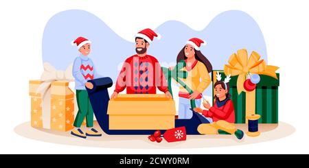 Famiglia felice in costumi di festa che impacchettano i regali di Natale. Padre, madre, figlio, figlia si preparano per la celebrazione del nuovo anno. Vettore piatto fumetto illust Illustrazione Vettoriale