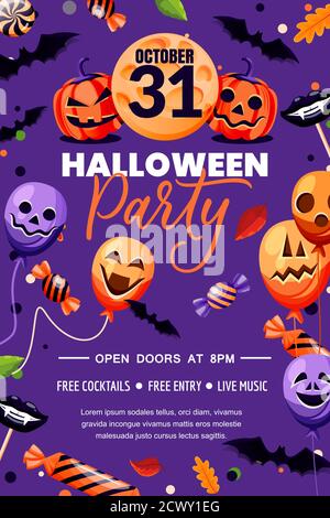 Modello banner poster Halloween Holiday. Layout dell'invito per i party flyer. Illustrazione vettoriale. Sfondo viola con decorazione horror, palloncini con Illustrazione Vettoriale