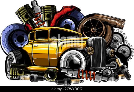 Sistema auto. Pezzi di ricambio. Auto realistica. Illustrazione vettoriale Illustrazione Vettoriale