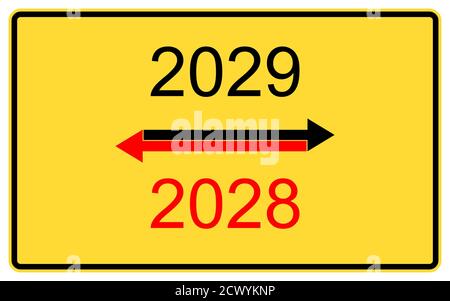 2029,2028 anno nuovo. 2029,2028 nuovo anno su un cartellone giallo. Foto Stock