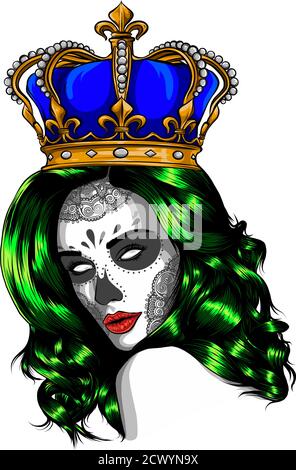 Regina della morte. Ritratto di un cranio con una corona e capelli lunghi. Vettore Illustrazione Vettoriale