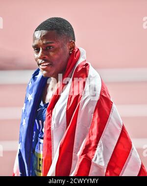 Christian Coleman (USA), vince la 100 Metri Uomini finale. IAAF mondiale di atletica, Doha 2019 Foto Stock