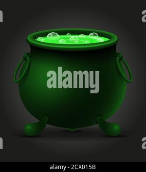 pentola di calderone con l'illustrazione del vettore di pozione magica delle streghe isolato sopra sfondo nero Illustrazione Vettoriale