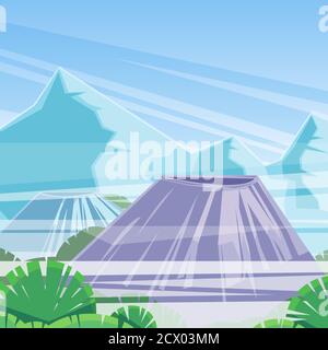 Picchi di montagne e vulcano in nuvole, illustrazione vettoriale. Natura paesaggio sfondo. Viaggi all'aperto e concetto di escursioni. Illustrazione Vettoriale
