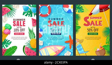 Set banner verticali per la vendita estiva. Modello poster stagione vettoriale. Sfondi tropicali con spiaggia di sabbia, acqua, foglie e frutta. Illustrazione Vettoriale