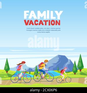 Vacanze in famiglia, ciclismo e attività sportive all'aperto. Mamma, papà e figlia che cavalcano le biciclette sulla strada di montagna. Illustrazione stile cartoon vettoriale. Illustrazione Vettoriale