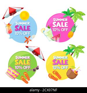 Set di colori cerchio estate vendita banner moda. Adesivi, badge, etichette e modelli di design di etichette. Spiaggia vettoriale e illustrazione tropicale. Illustrazione Vettoriale