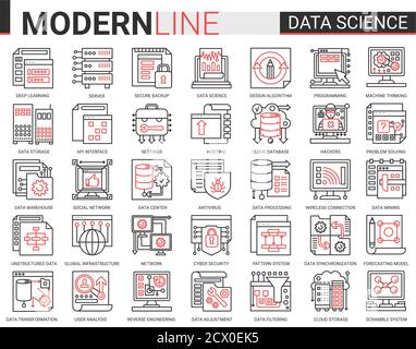Data Science complesso sottile rosso linea nera concetto icona vettore insieme con contorno simboli raccolta tecnologia scientifica in database storage sistemi internet, cyber sicurezza della connessione di rete Illustrazione Vettoriale