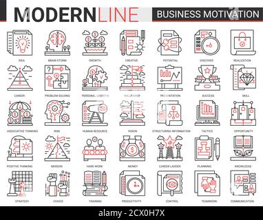 Motivazione aziendale concetto complesso concetto sottile rosso linea nera icona vettore insieme con simboli motivazionali contorno, produttività dei processi finanziari, lavoro di squadra pianificazione aziendale, comunicazione formazione Illustrazione Vettoriale