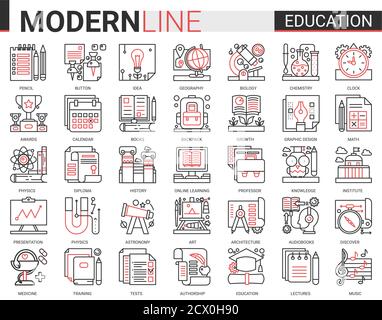 Education complesso concetto sottile rosso linea nera icona vettore insieme con profilo infografica scuola, laboratorio o università, simboli educativi, attrezzature laboratorio esperimento, libro scuola e cancelleria Illustrazione Vettoriale