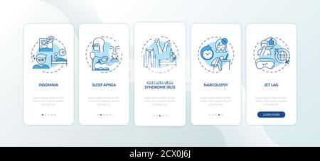 Tipi di disturbi del sonno blu onboarding schermata della pagina dell'app mobile con concetti Illustrazione Vettoriale