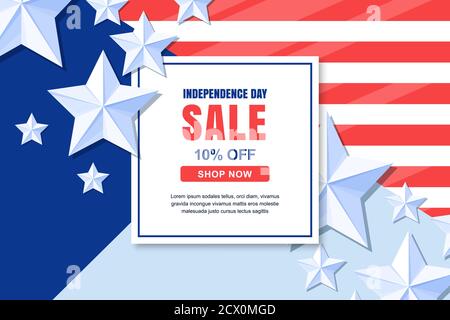 Modello di banner vettoriale di vendita USA Independence Day. Holiday sfondo multicolore con bandiera, stelle e strisce. 4 del concetto di celebrazione di luglio Illustrazione Vettoriale