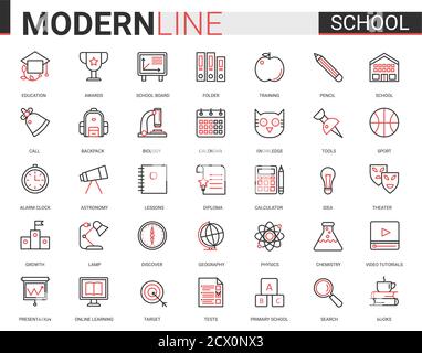 Istruzione scolastica sottile rosso nero linea icona vettore illustrazione insieme con profilo scolastica ui app mobile raccolta di elementi didattici per studenti e materie scolastiche, simboli modificabili di studio del tratto Illustrazione Vettoriale