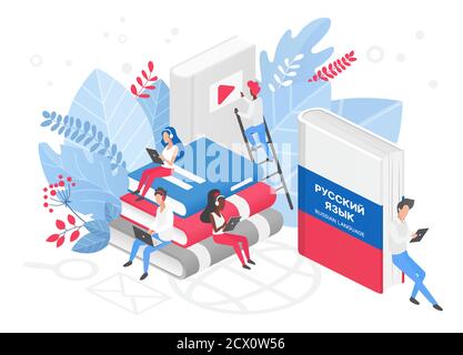 Persone che imparano lingua russa vettore isometrico 3d illustrazione. Russia formazione a distanza, concetto di corsi di formazione online. Studenti che leggono libri cartoni animati. Insegnamento delle lingue straniere Illustrazione Vettoriale